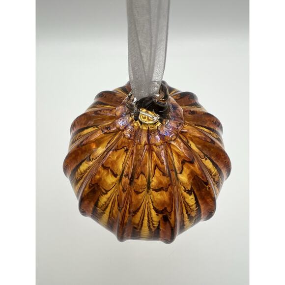 Hand Blown Amber Art Glass Christmas Ornament 4” Chinese Lantern Style - Picture 4 of 7